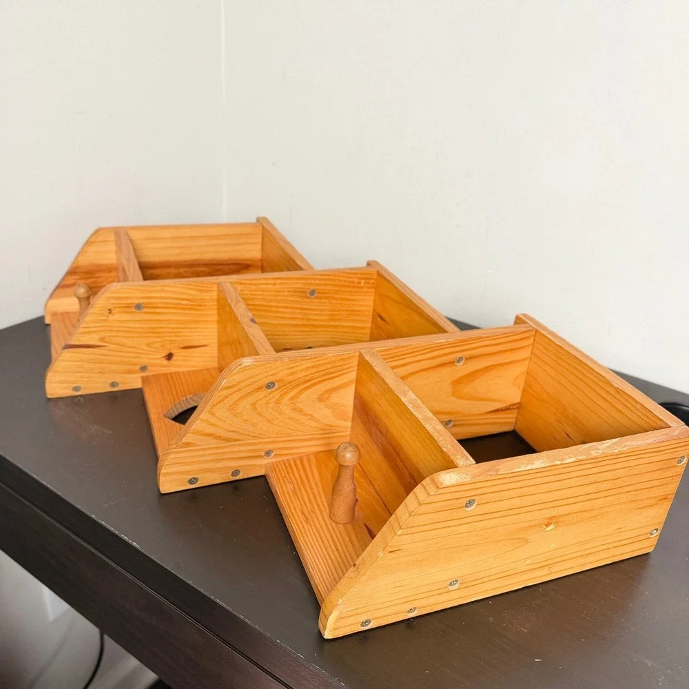 Vtg Pine Staggered Wall Shadow Box Shelf Heart Cutout 3 Tier Rustic Farmhouse